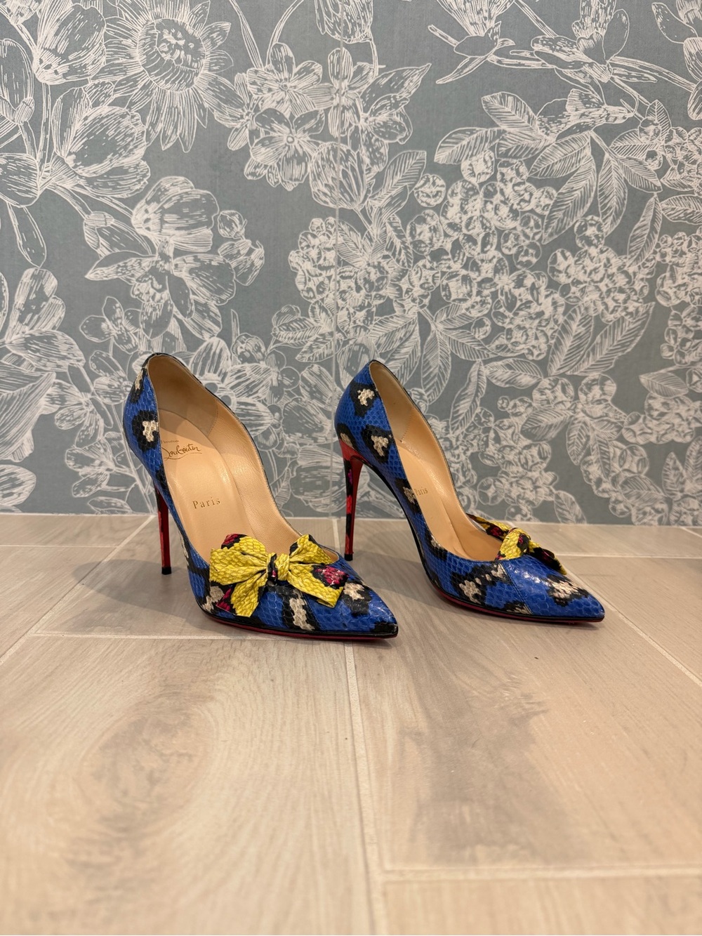 Christian Louboutin Blue Snakeskin Pointed Toe Pumps with Yellow Bow Accent